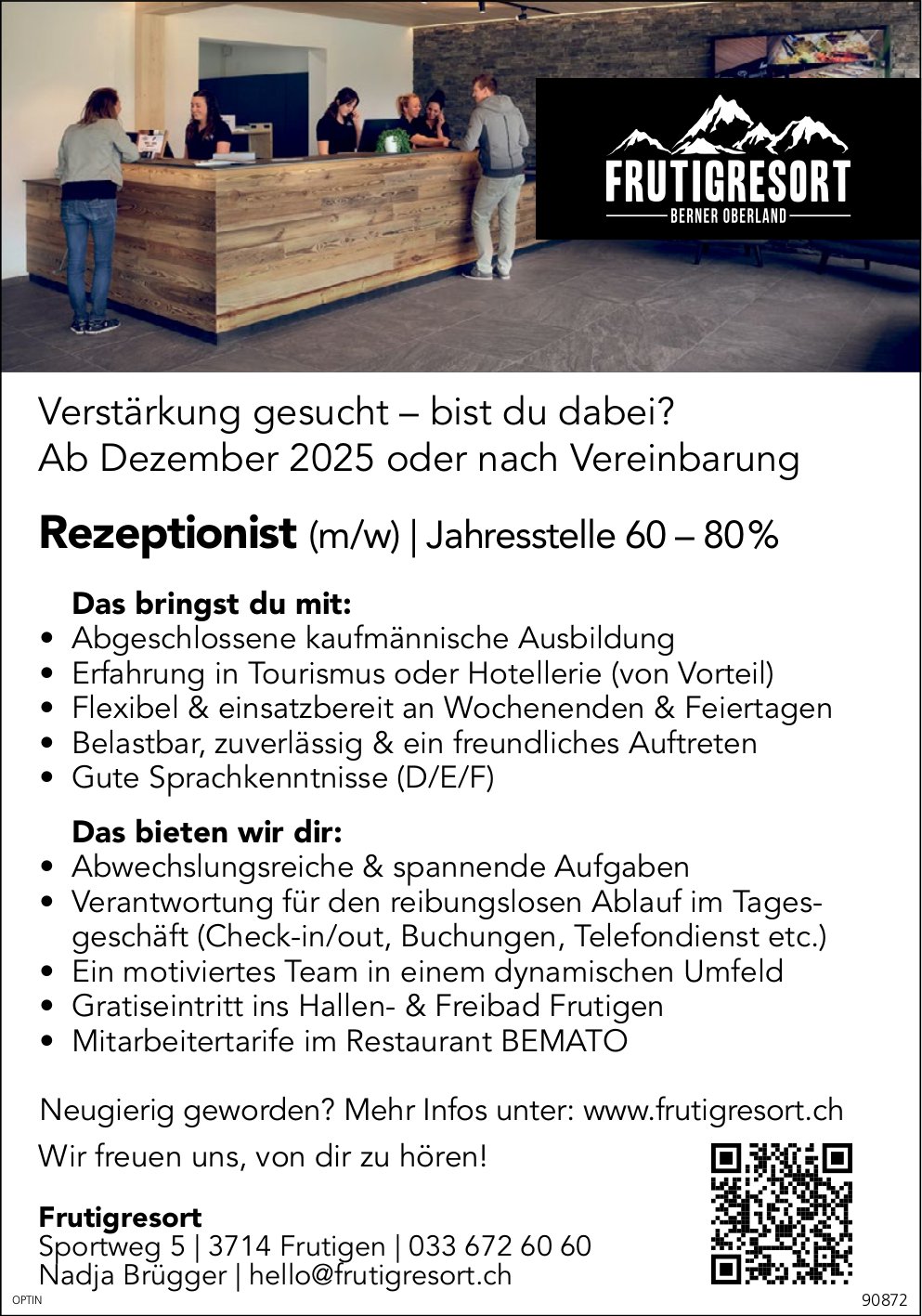 Rezeptionist (m/w) 60-80%, Frutigresort, Frutigen, gesucht