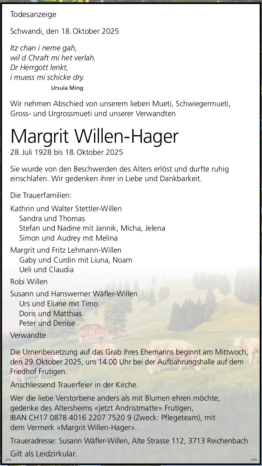 Margrit Willen-Hager, Oktober 2025 / TA