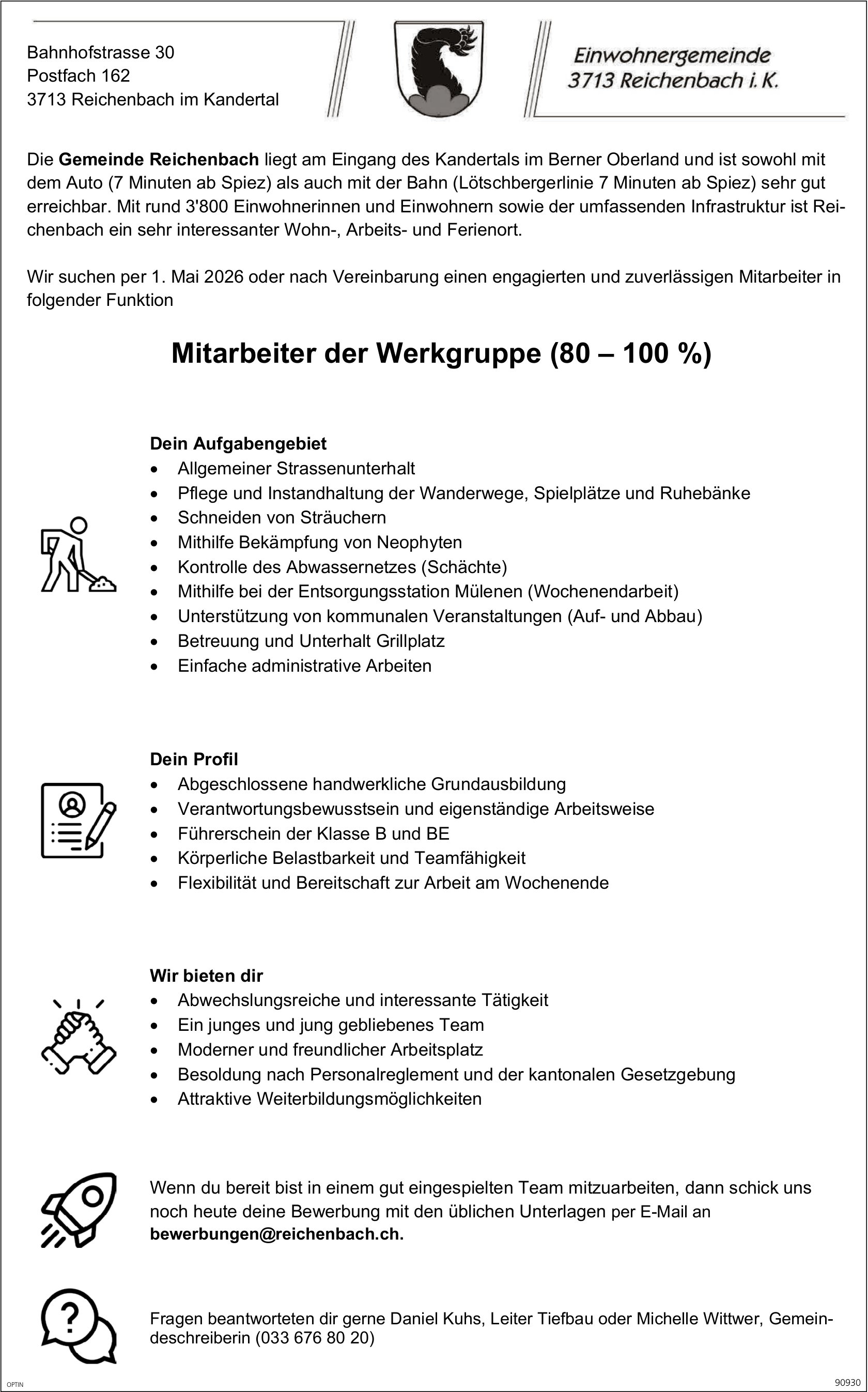 Mitarbeiter der Werkgruppe (80-100%), Gemeinde, Reichenbach im Kandertal, gesucht