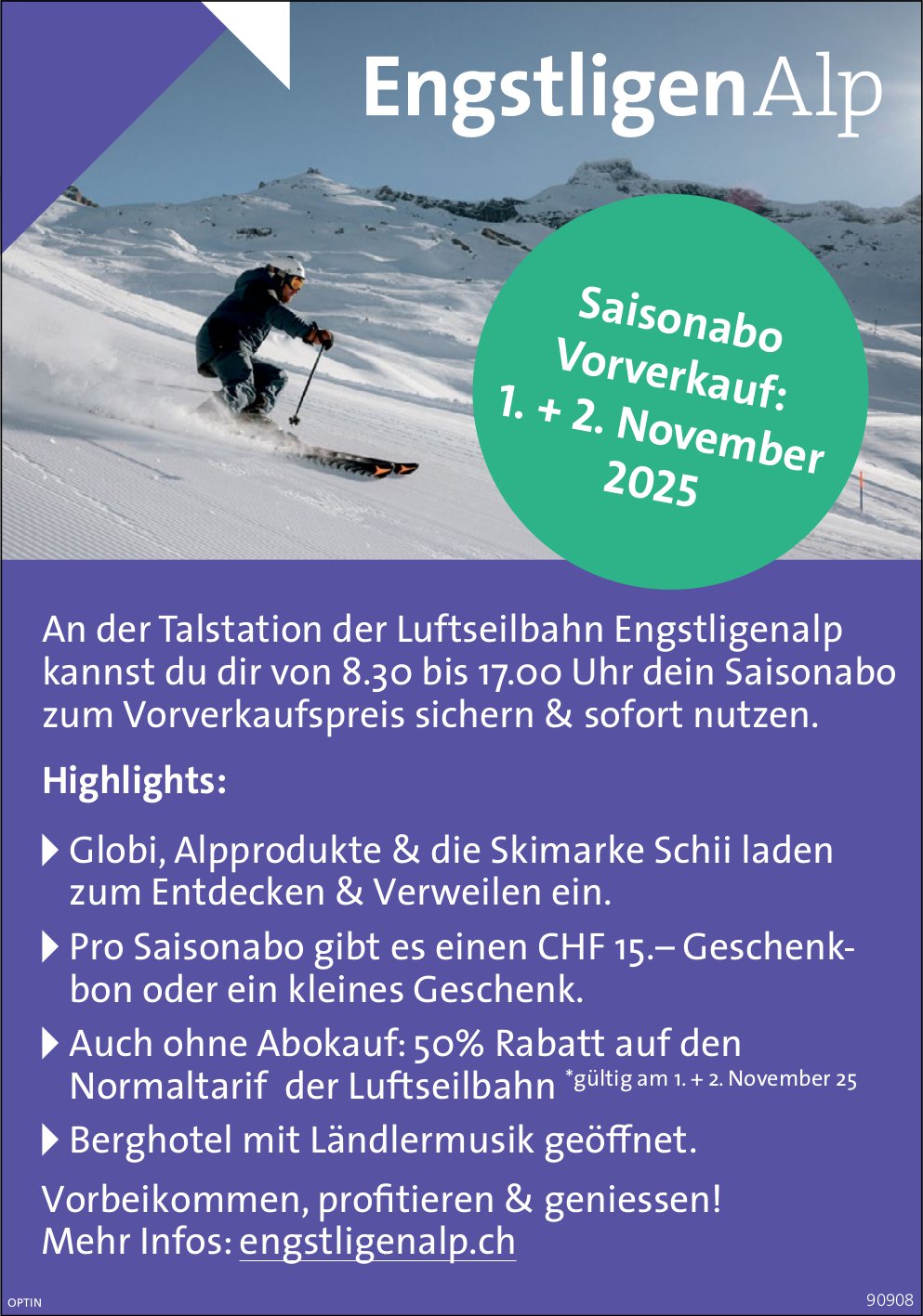 Saisonabo Vorverkauf, 1. und 2. November, Talstation Engstligenalp