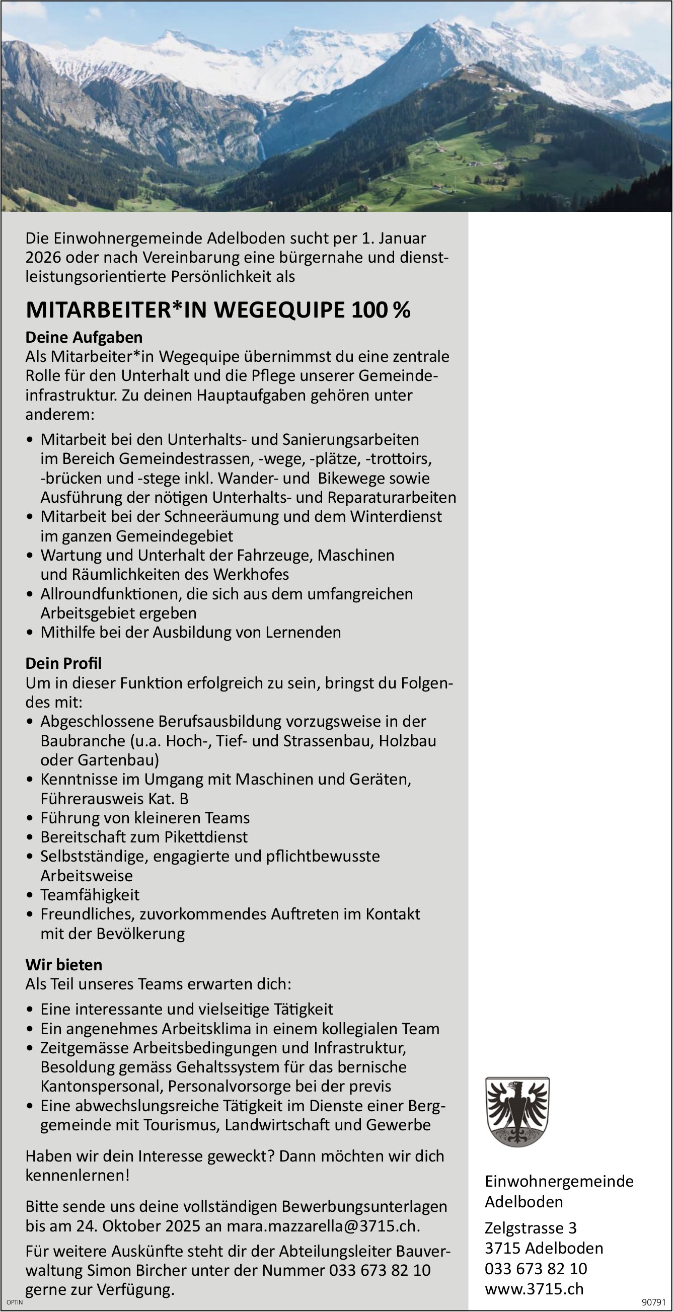 Mitarbeiter*in Wegequipe 100%, Gemeinde, Adelboden, gesucht