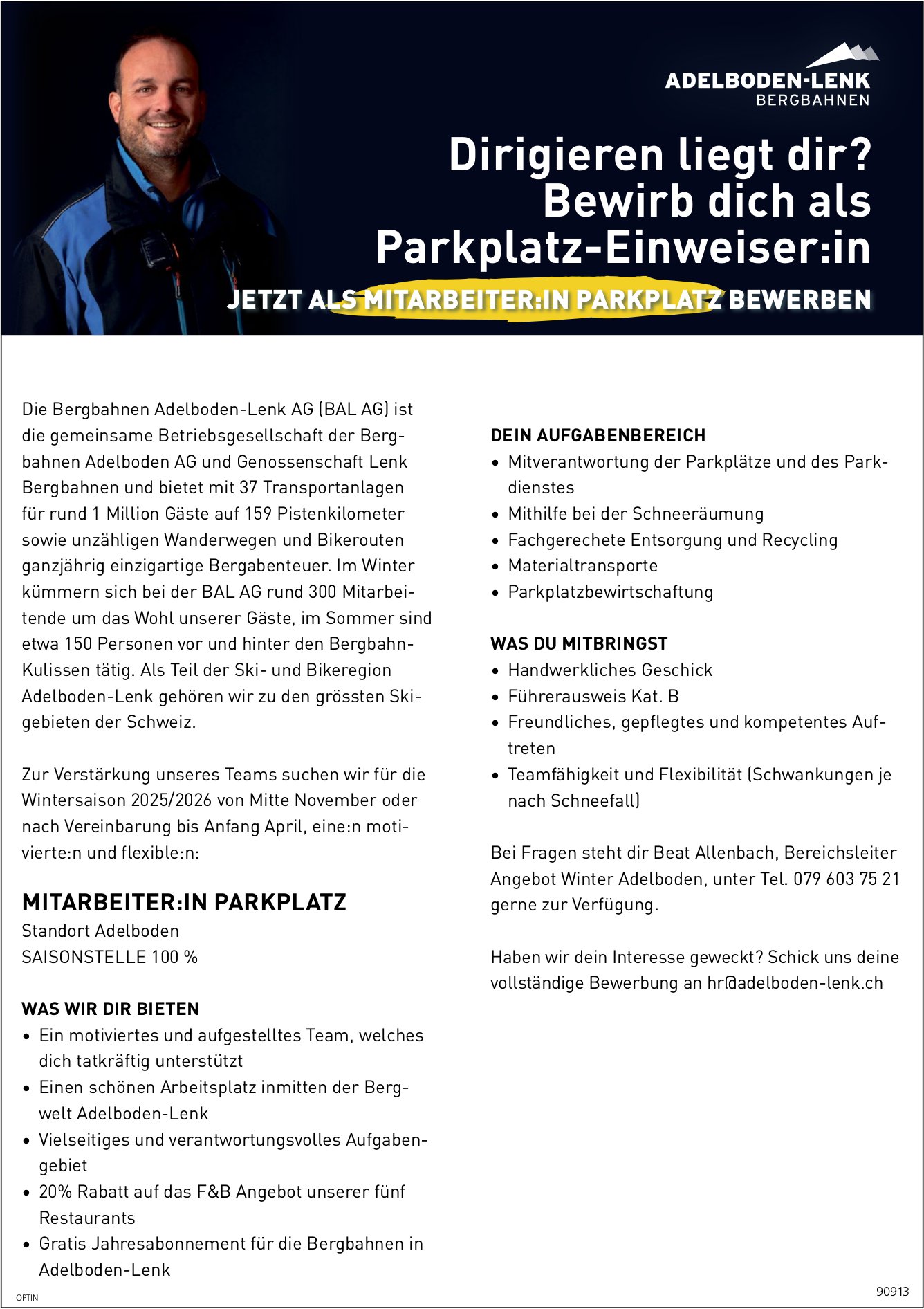 Mitarbeiter:in Parkplatz 100%, Bergbahnen Adelboden-Lenk AG, gesucht