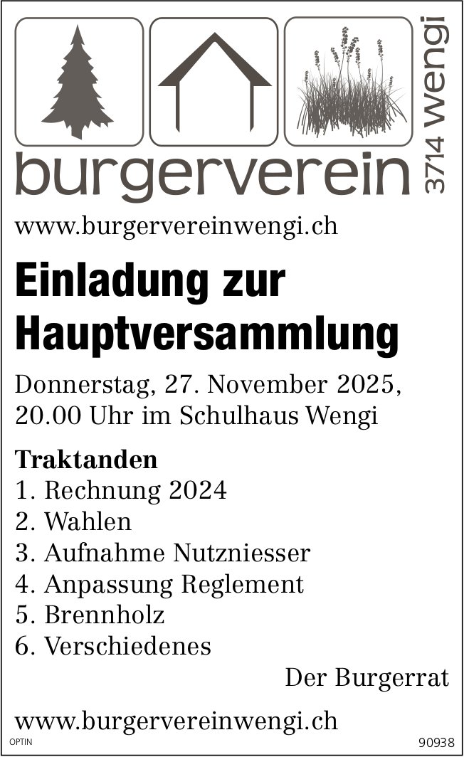 Hauptversammlung Burgerverein, 27. November, Schulhaus, Wengi