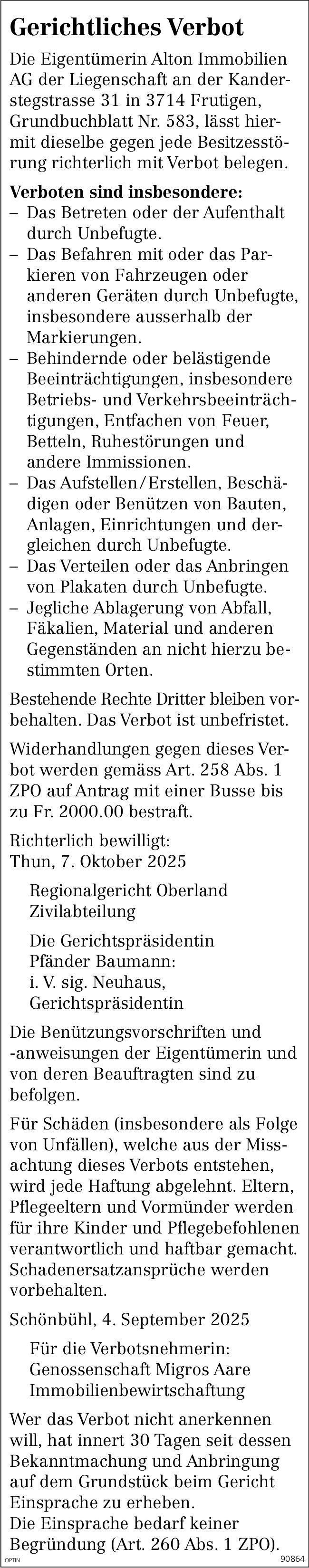 Verkehrsmassnahmen/ unterhaltsarbeiten, Frutigen - Gerichtliches Verbot