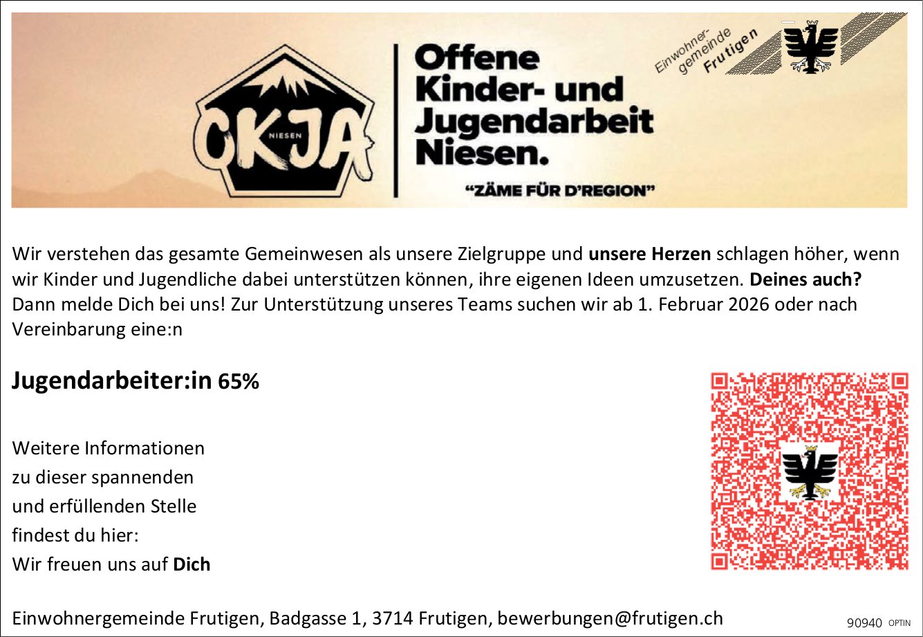 Jugendarbeiter:in 65%, Offene Kinder- und Jugendarbeit Niesen, Frutigen, gesucht