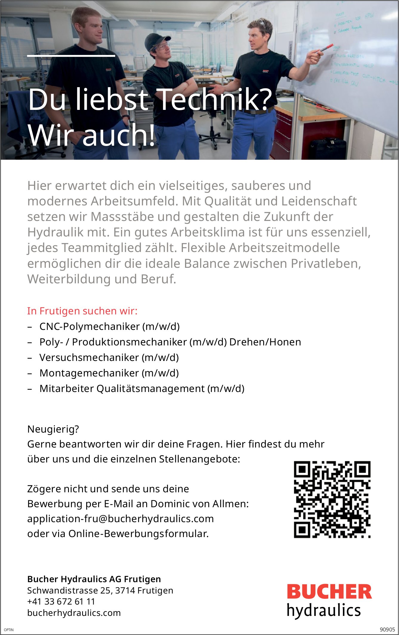 CNC-Polymechaniker, Poly-/Produktionsmechaniker Drehen/Honen,  Versuchsmechaniker,  Montagemechaniker und Mitarbeiter Qualitätsmanagement,  jeweils m/w/d, Bucher Hydraulics AG, Frutigen,  gesucht
