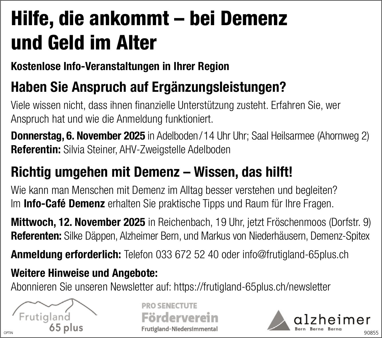 Hilfe, die ankommt–bei Demenz und Geld im Alter, 6. November, Saal Heilsarmee, Adelboden