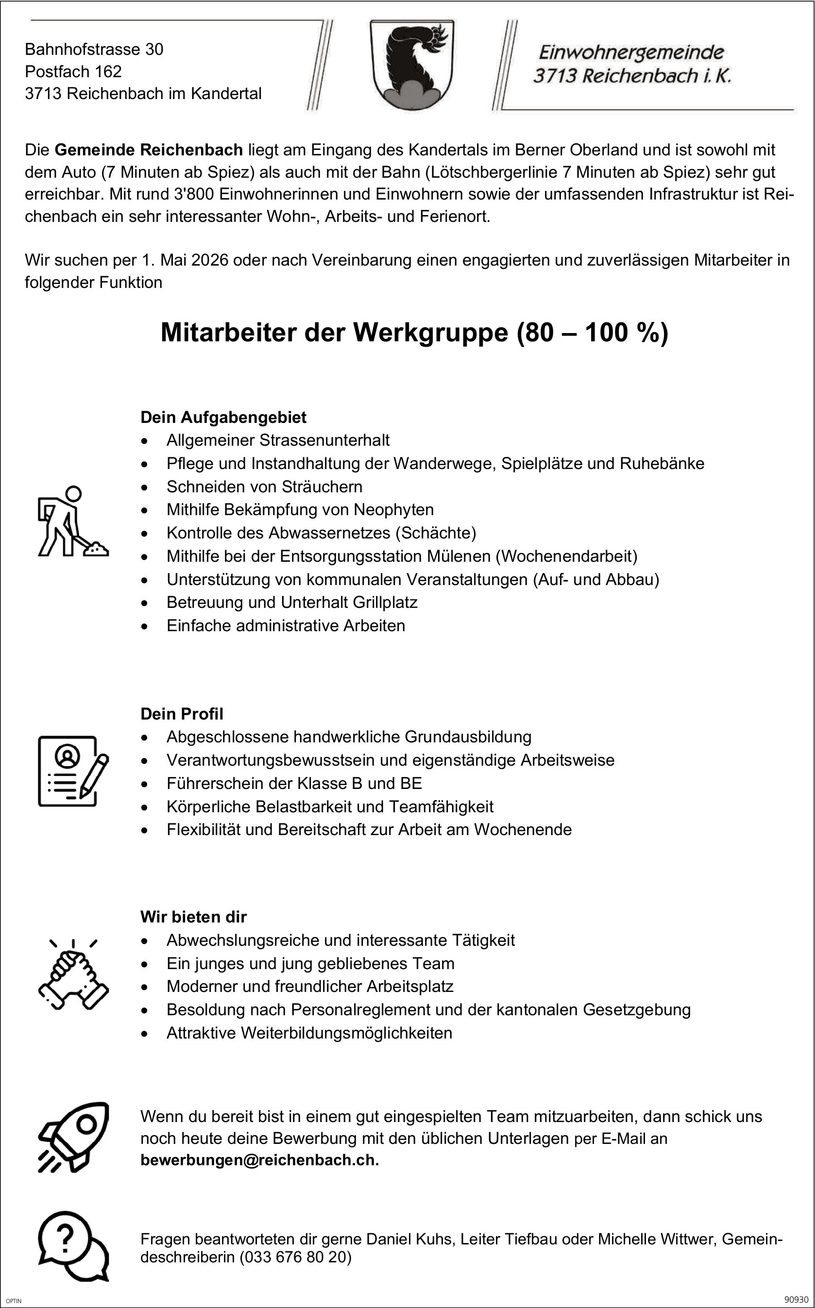 Mitarbeiter der Werkgruppe (80-100%), Gemeinde, Reichenbach im Kandertal, gesucht