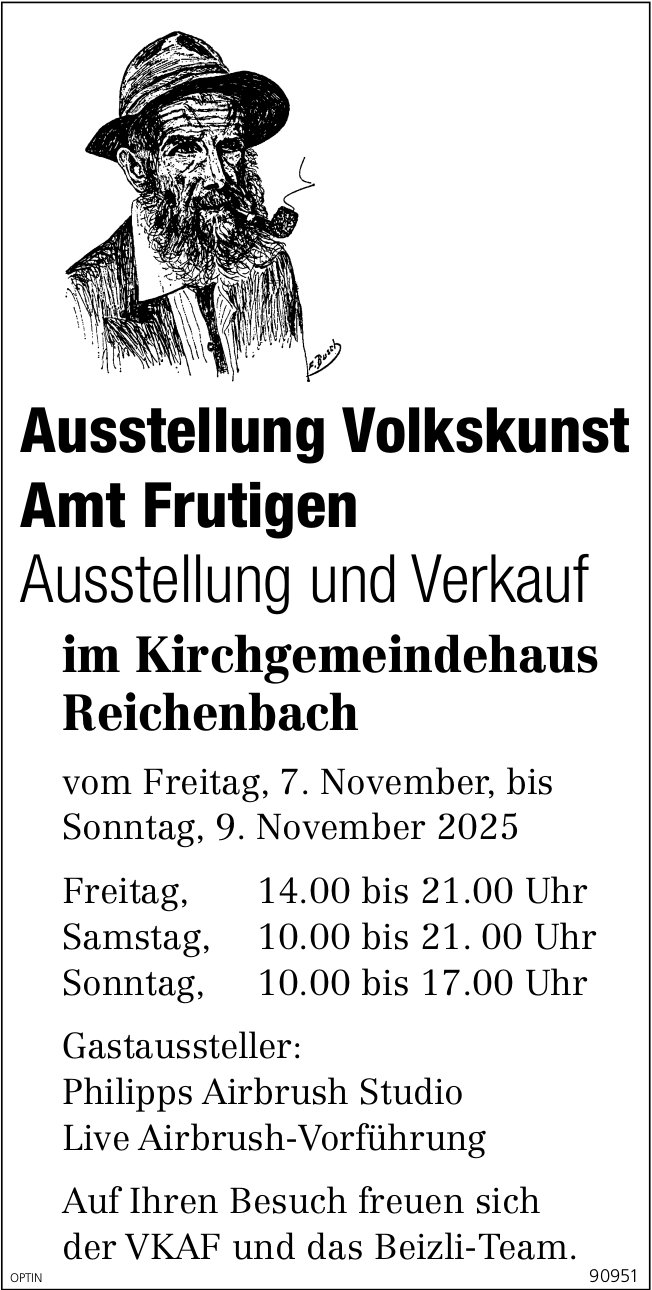 Ausstellung Volkskunst, 7. bis 9. November, Kirchgemeindehaus, Frutigen