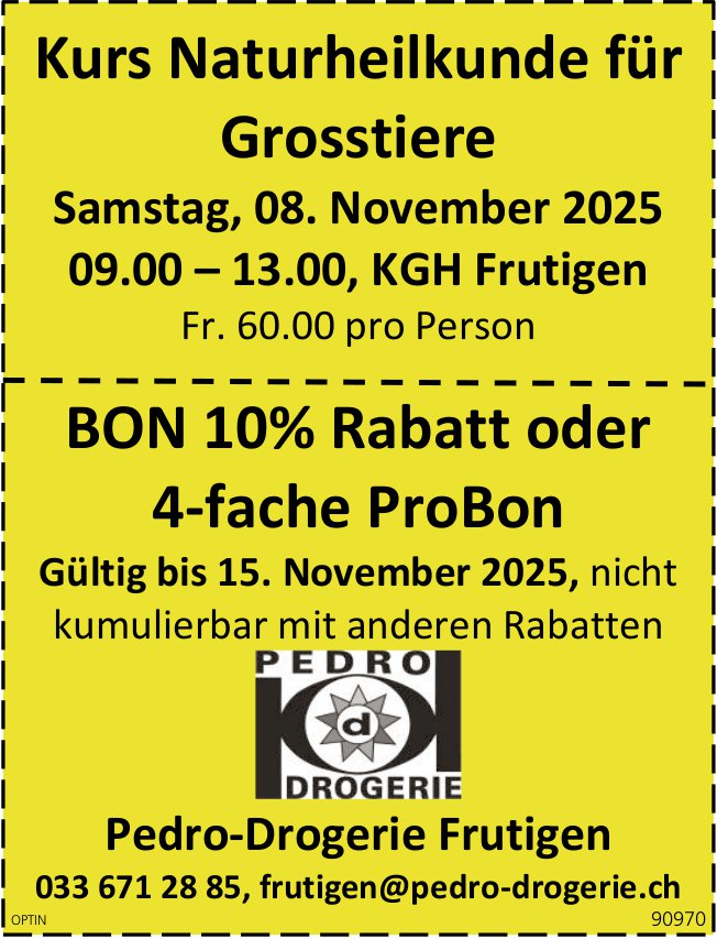 Kurs Naturheilkunde für Grosstiere, 8. November, Kirchgemeindehaus, Frutigen