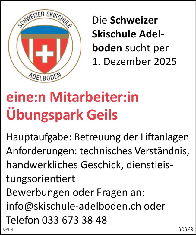Mitarbeiter:in Übungspark Geils, Schweizerische Skischule, Adelboden, gesucht