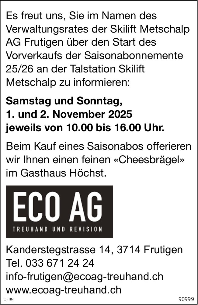 Vorverkauf der Saisonabonnemente, 1. und 2. November, Talstation Skilift Metschalp, Frutigen