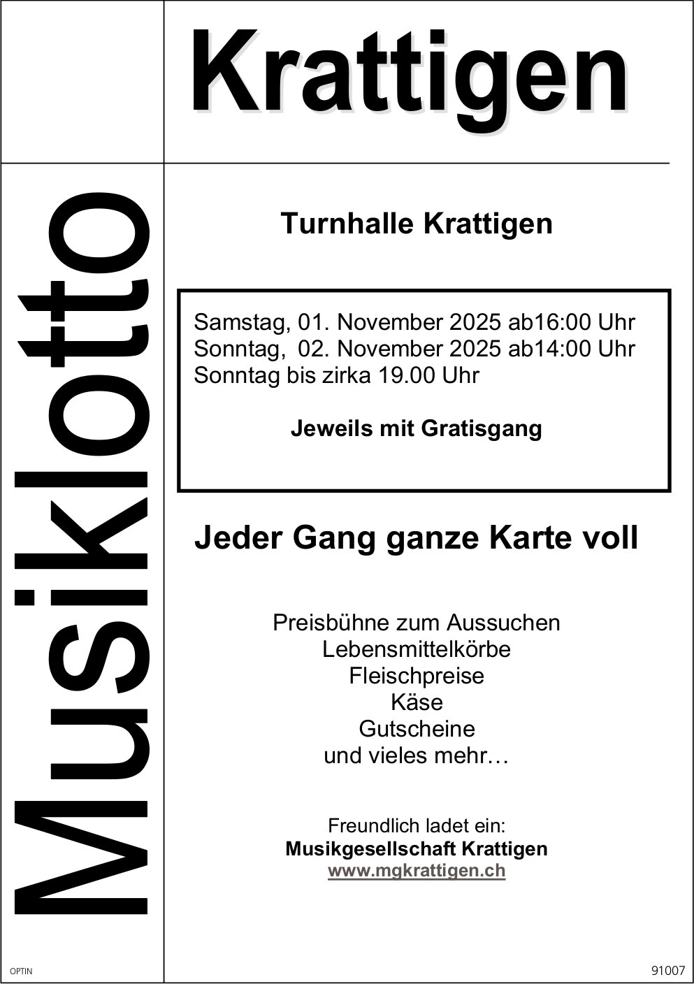 Lotto Musikgesellschaft, 1. und 2. November, Turnhalle, Krattigen