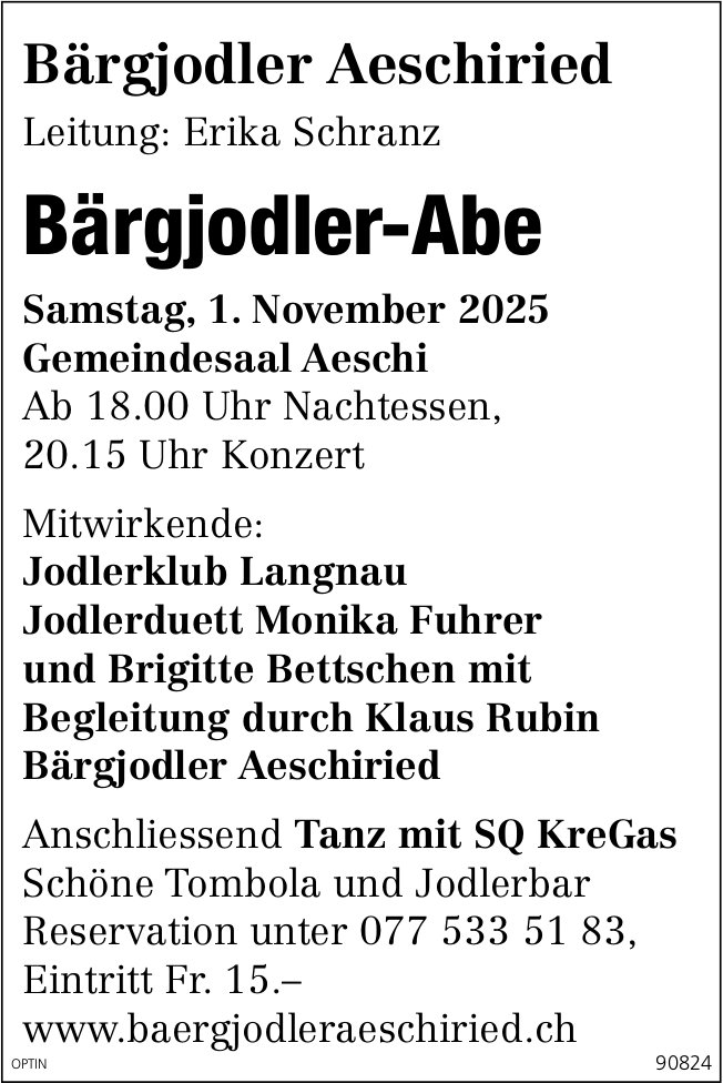 Bärgjodler-Abe, 1. November, Gemeindesaal, Aeschi