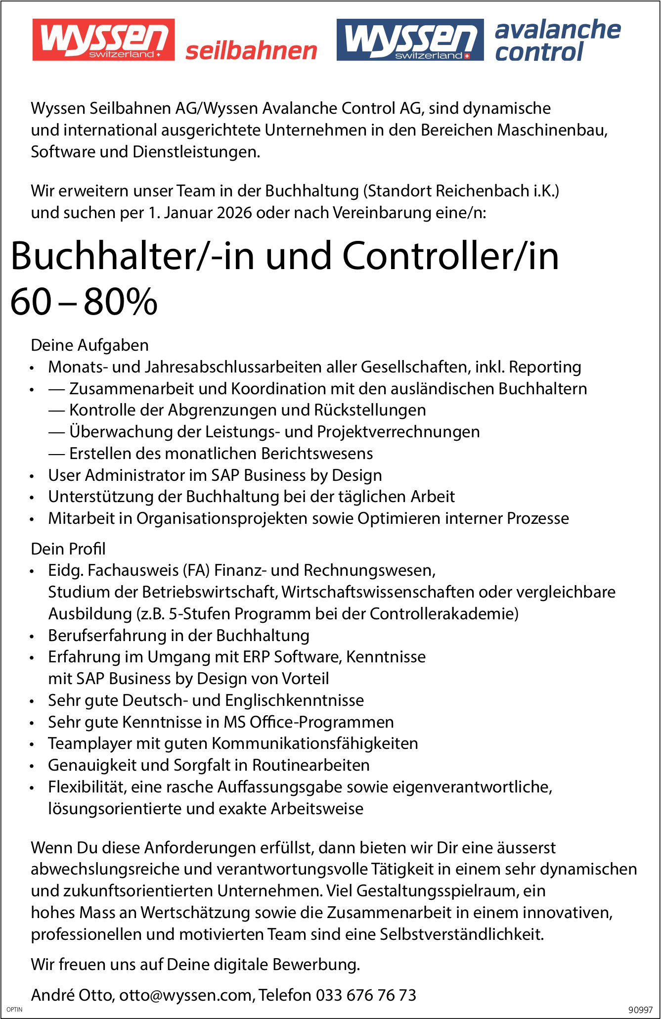 Buchhalter/-in und Controller/in 60-80%, Wyssen Seilbahnen AG, gesucht
