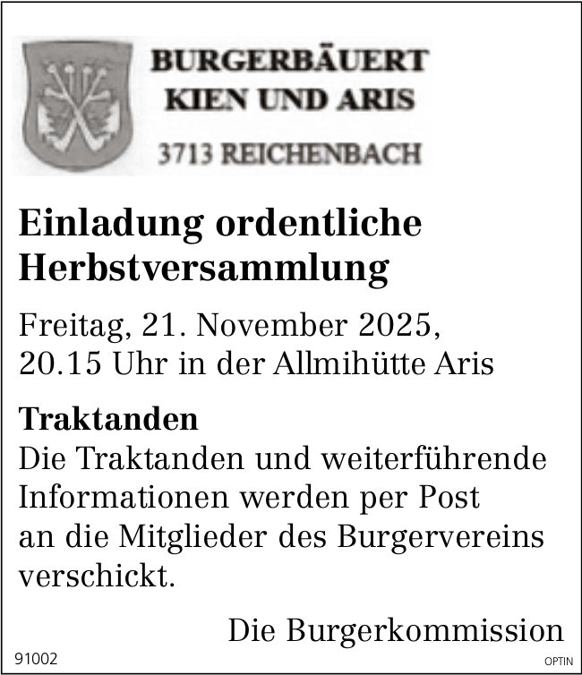 Ordentliche Herbstversammlung Burgerbäuert, 21. November, Allmihütte Aris, Reichenbach