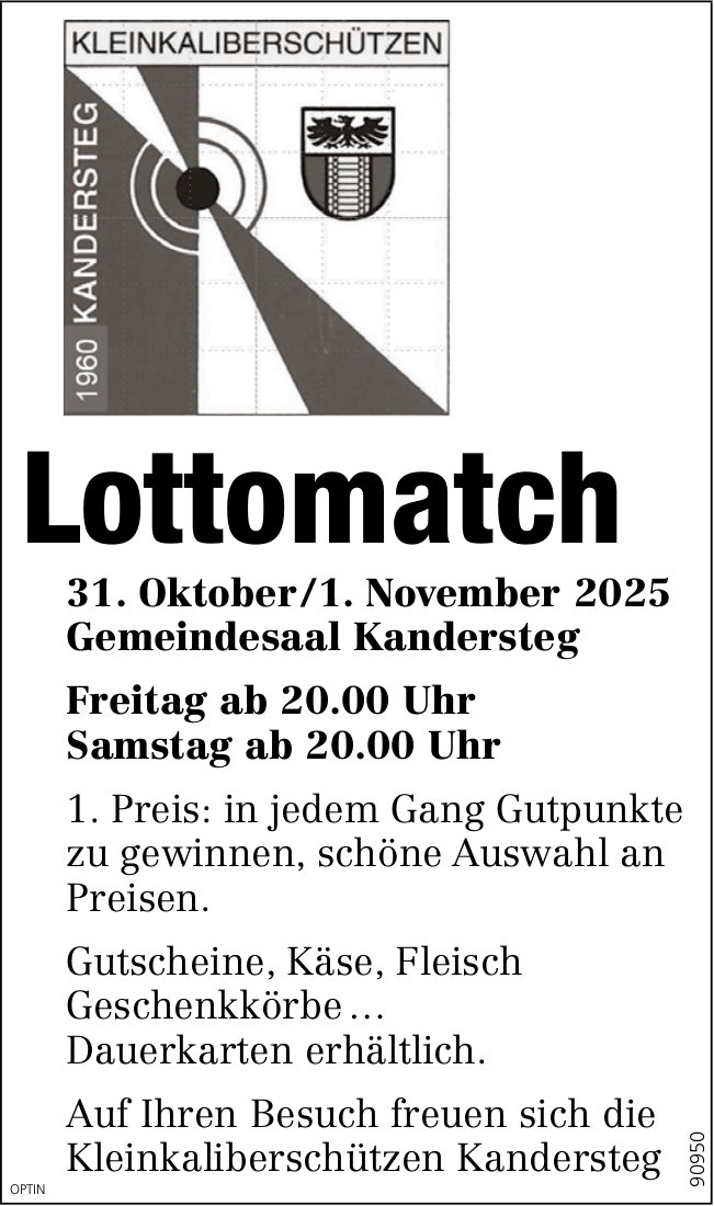 Lottomatch, 31. Oktober und 1. November, Gemeindesaal, Kandersteg