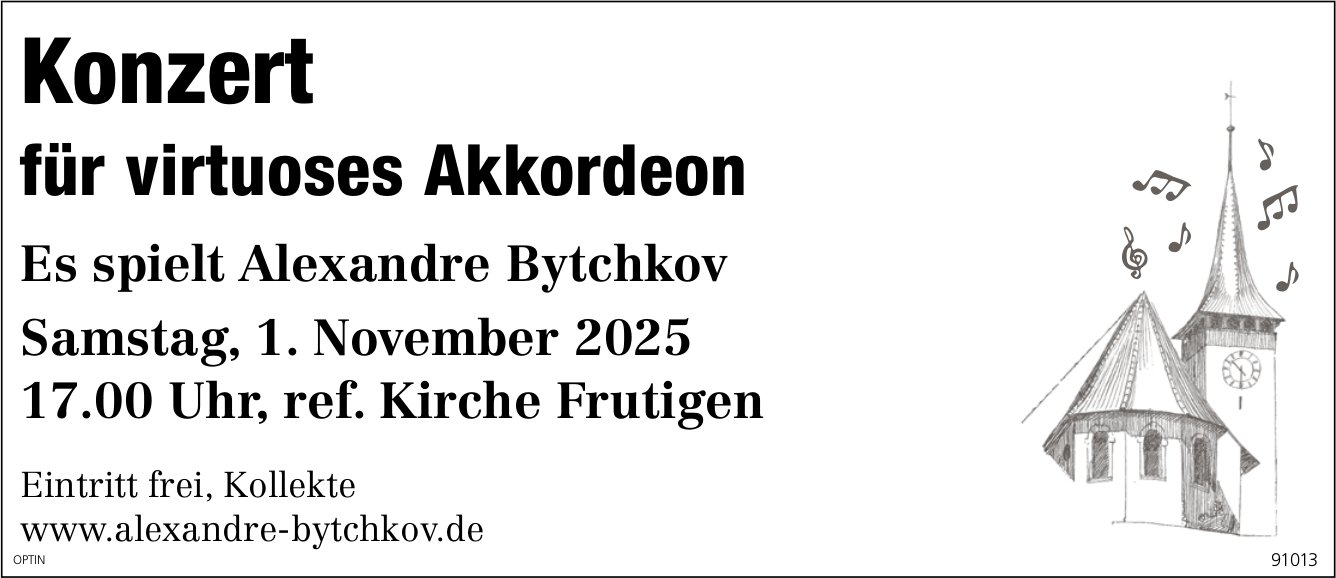 Konzert für virtuoses Akkordeon, 1. November, ref. Kirche, Frutigen
