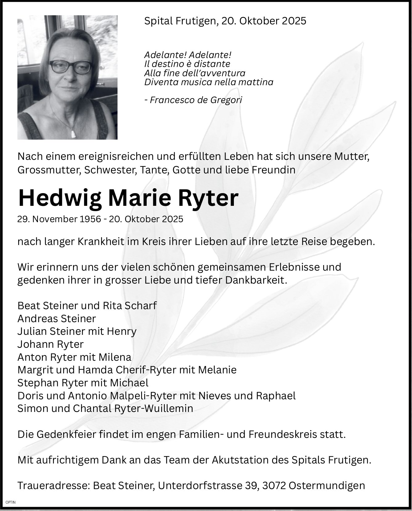 Hedwig Marie Ryter, Oktober 2025 / TA