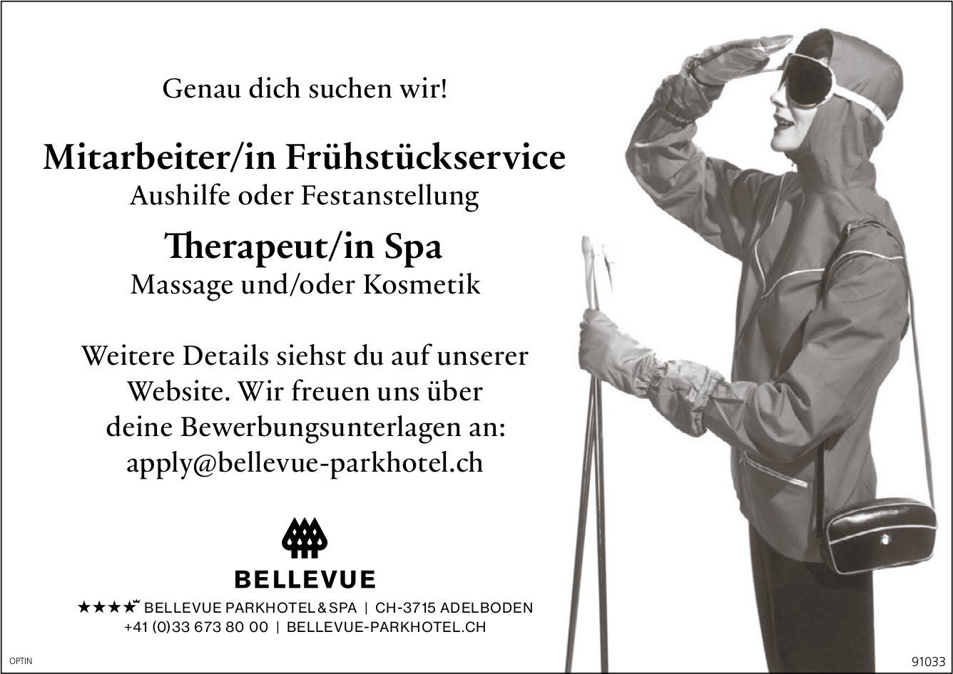 Mitarbeiter/in Frühstückservice und Therapeut/in Spa, Bellevue Parkhotel, Adelboden, gesucht
