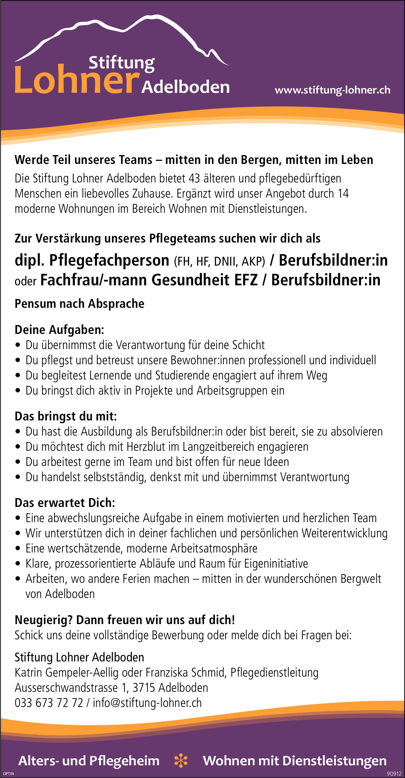 Dipl. Pflegefachperson (FH, HF,  DNII,  AKP) / Berufsbildner:in oder Fachfrau/-mann Gesundheit EFZ / Berufsbildner:in, Stiftung Lohner Adelboden, gesucht