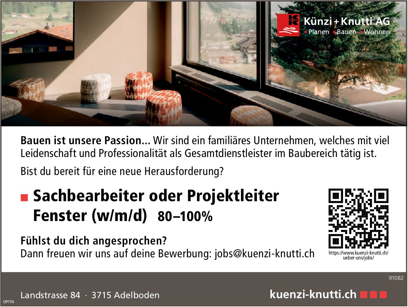 Sachbearbeiter oder Projektleiter Fenster (w/m/d) 80–100%, Künzi + Knutti AG, Adelboden, gesucht
