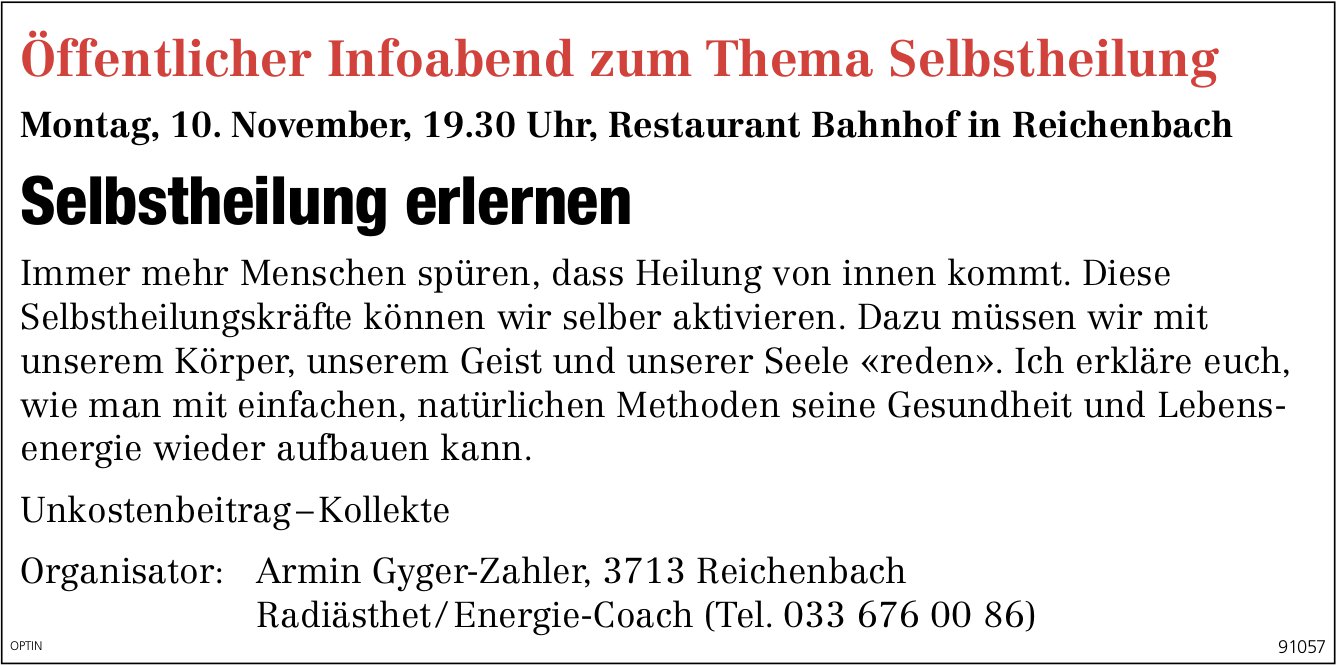 Selbstheilung erlernen, 10. November, Restaurant Bahnhof, Reichenbach