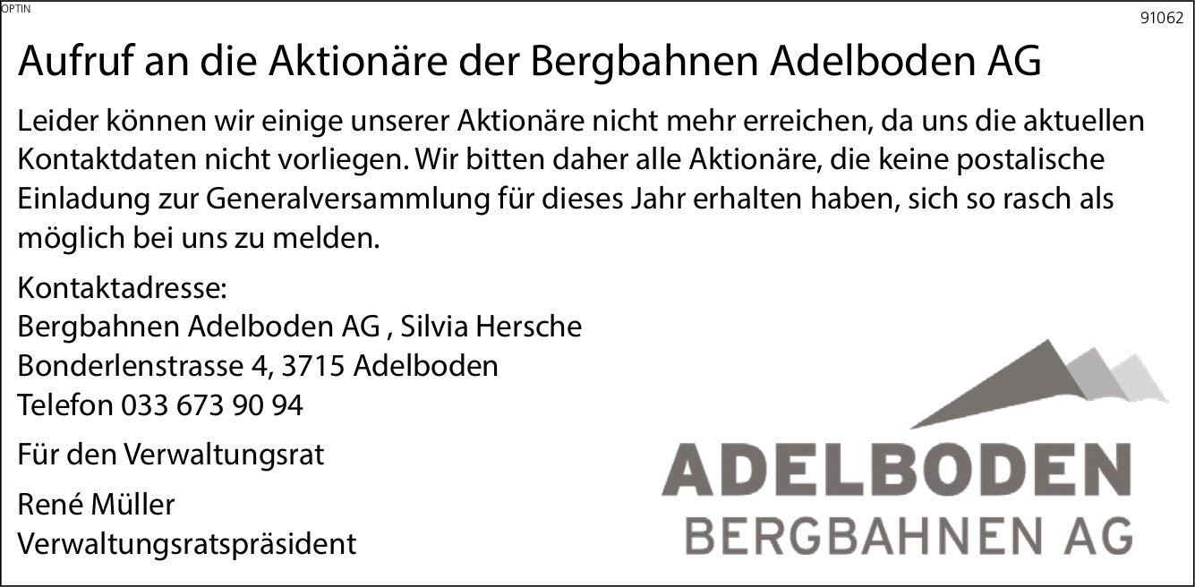 Bergbahnen Adelboden AG, Aufruf an die Aktionäre