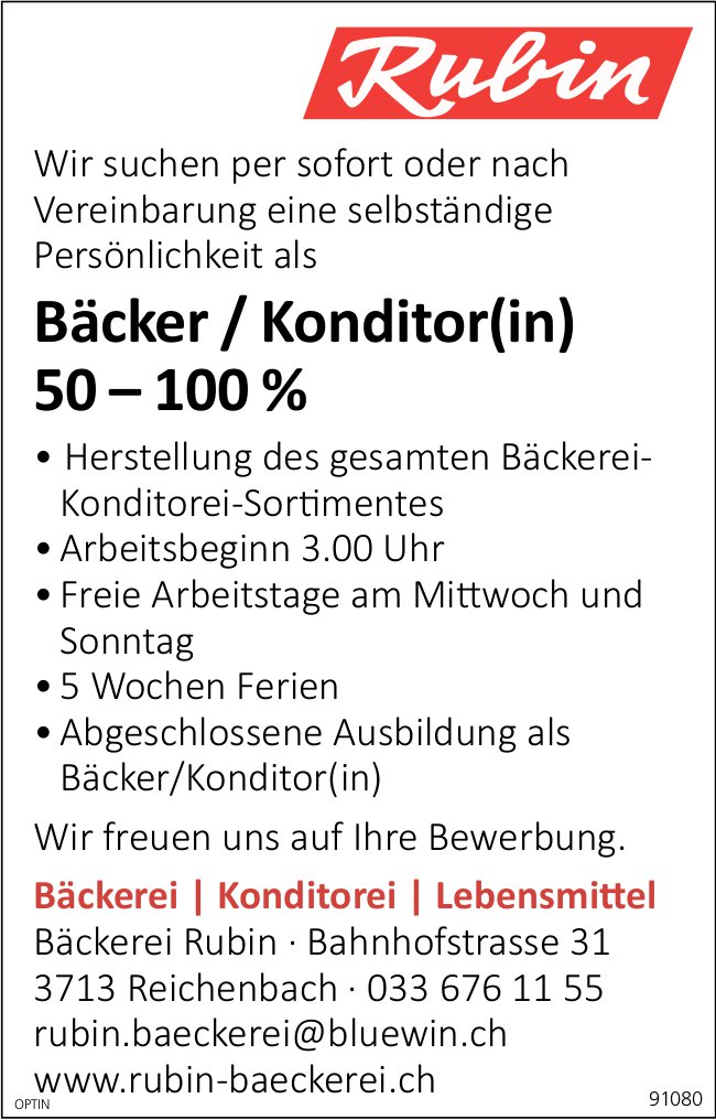 Bäcker / Konditor(in) 50-100%, Bäckerei-Konditorei Rubin, Reichenbach, gesucht