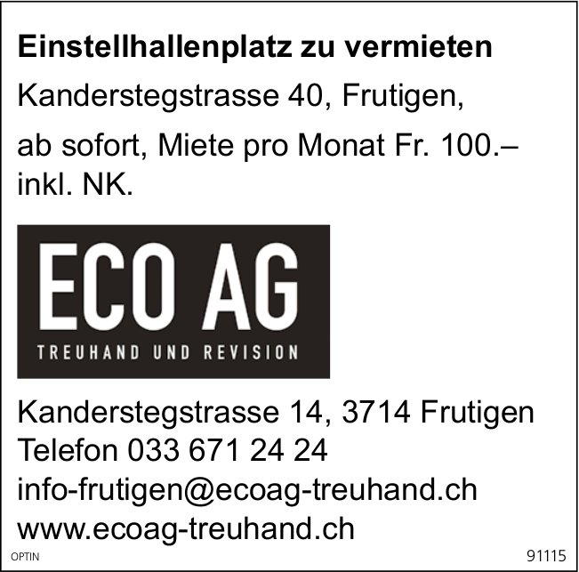 Einstellhallenplatz, Frutigen, zu vermieten