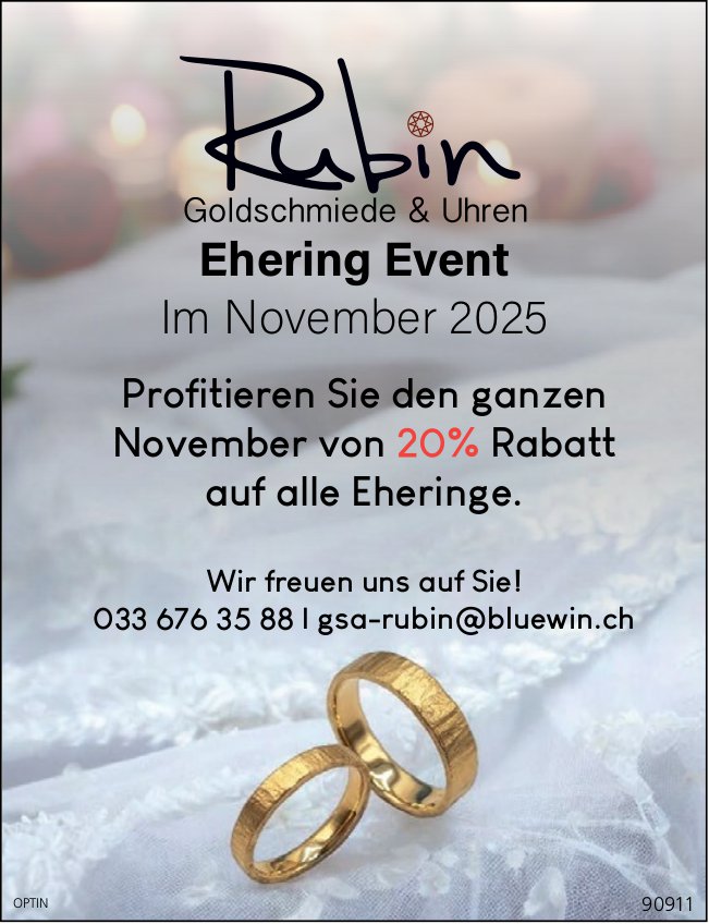Rubin Goldschmiede & Uhren, 20% Rabatt auf alle Eheringe