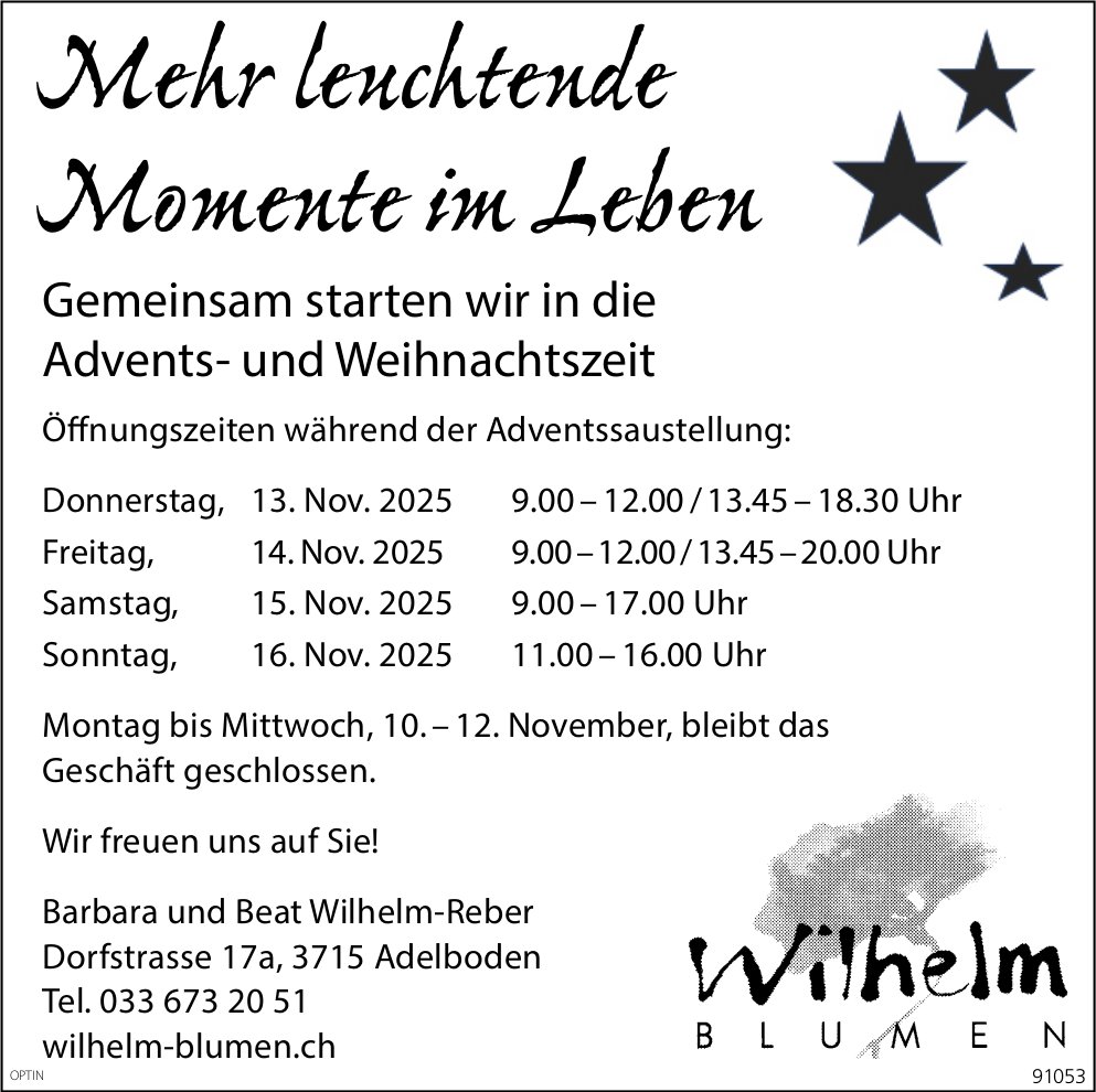 Adventssaustellung, 13. bis 16. November, Wilhelm Blumen, Adelboden