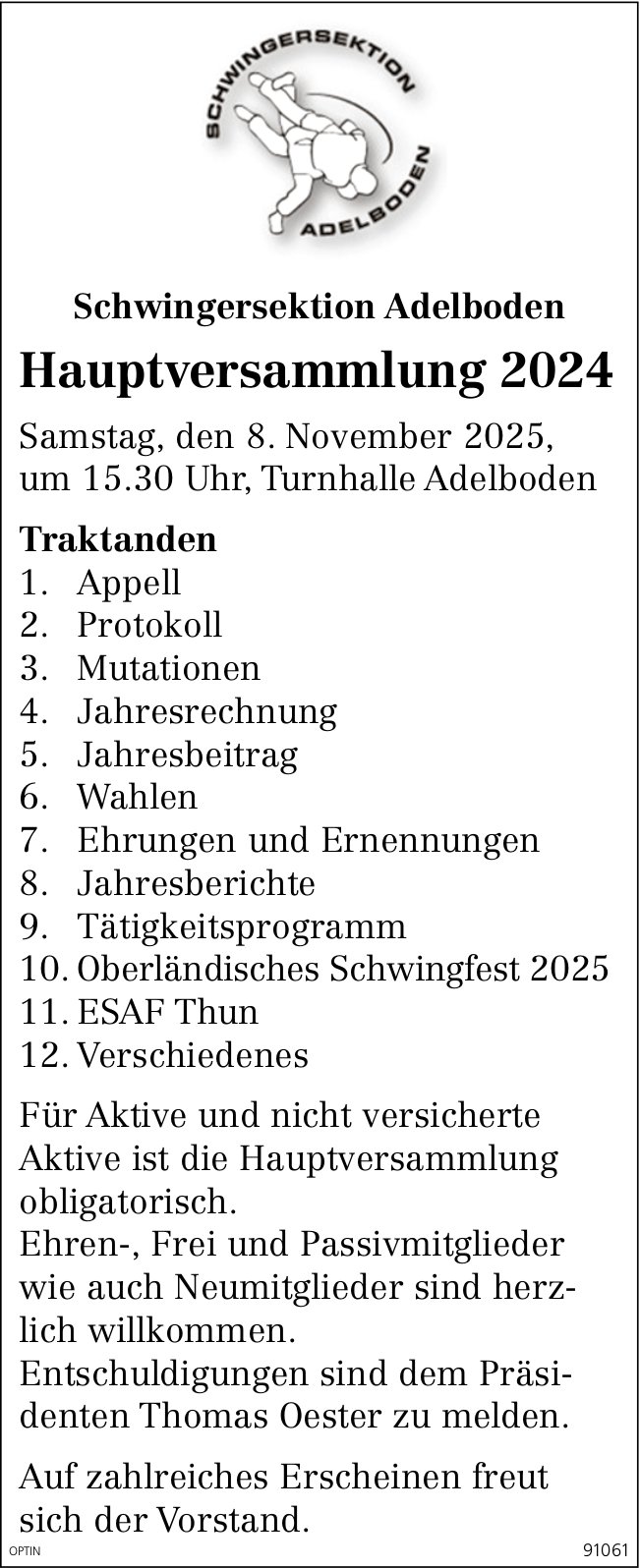 Hauptversammlung Schwingersektion, 8. November, Turnhalle, Adelboden