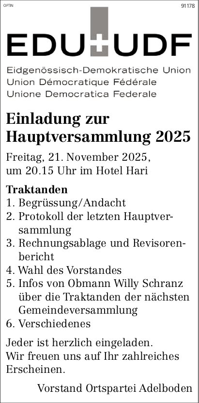 Hauptversammlung EDU, 21. November, Hotel Hari, Adelboden