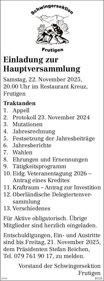 Hauptversammlung Schwingersektion, 22. November, Restaurant Kreuz, Frutigen
