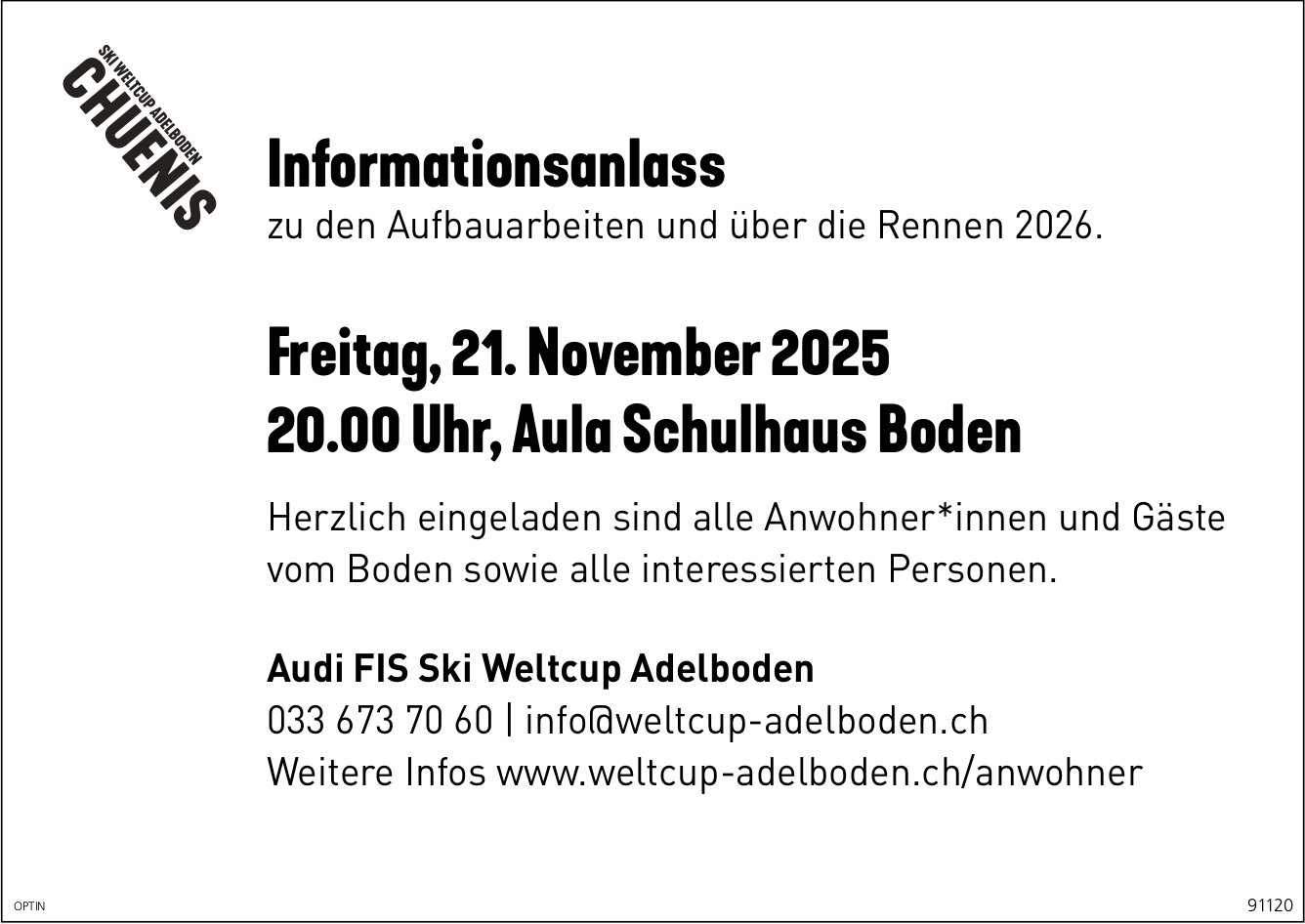 Informationsanlass Ski Weltcup Adelboden, 21. November, Aula Schulhaus Boden