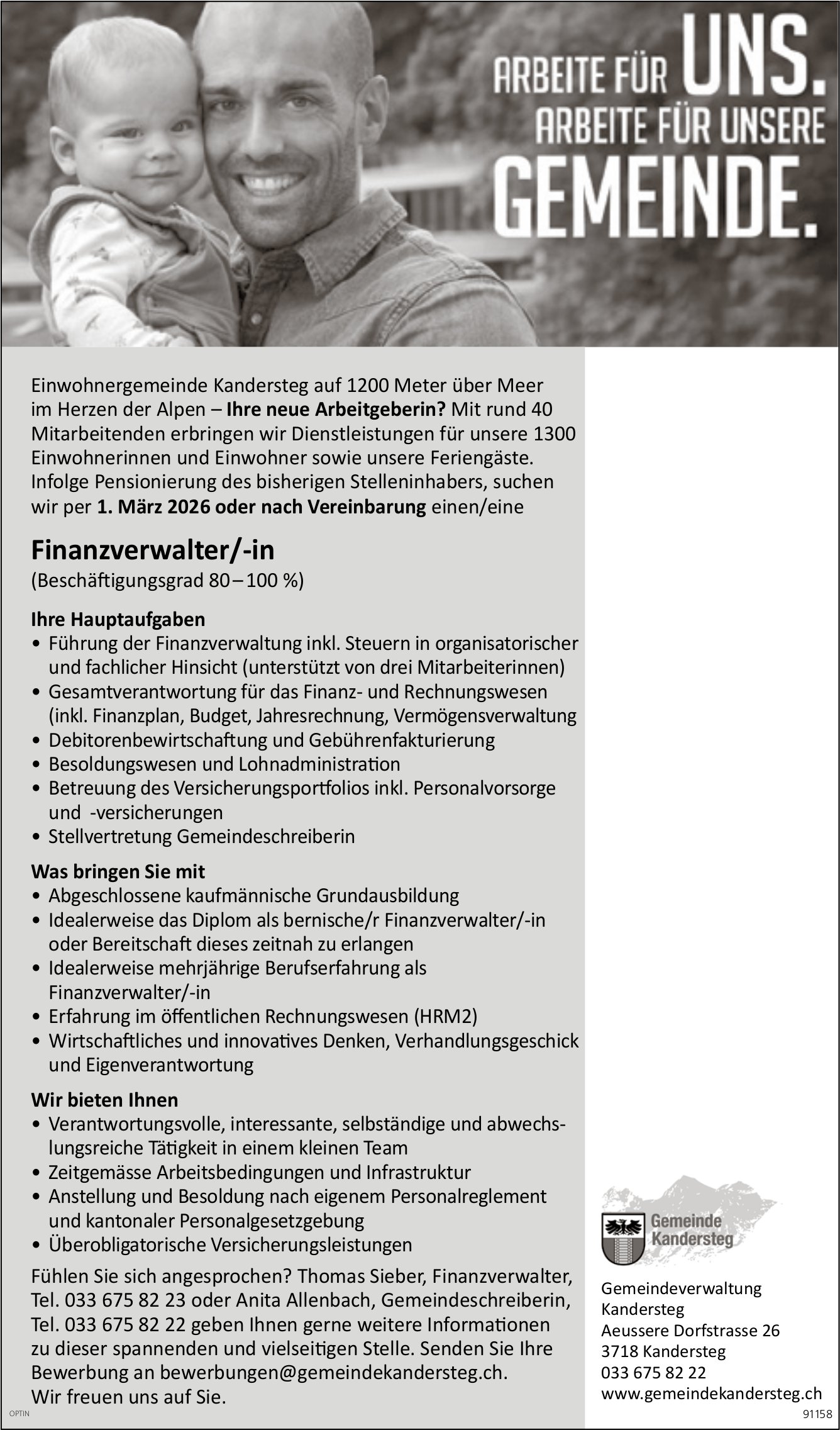 Finanzverwalter/-in 80-100%, Gemeinde, Kandersteg, gesucht