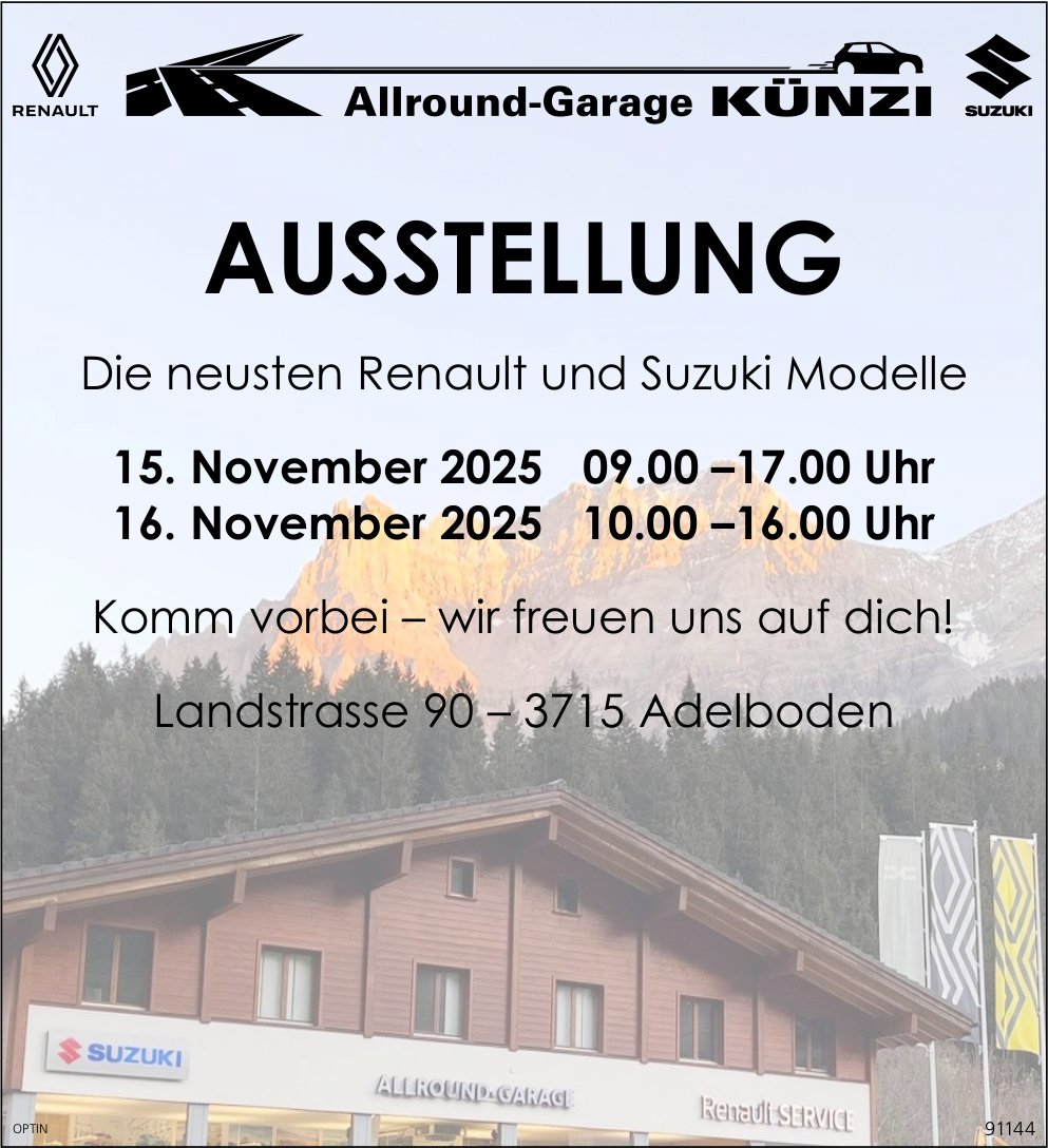 Ausstellung, 15. und 16. November, Allround-Garage Künzi, Adelboden