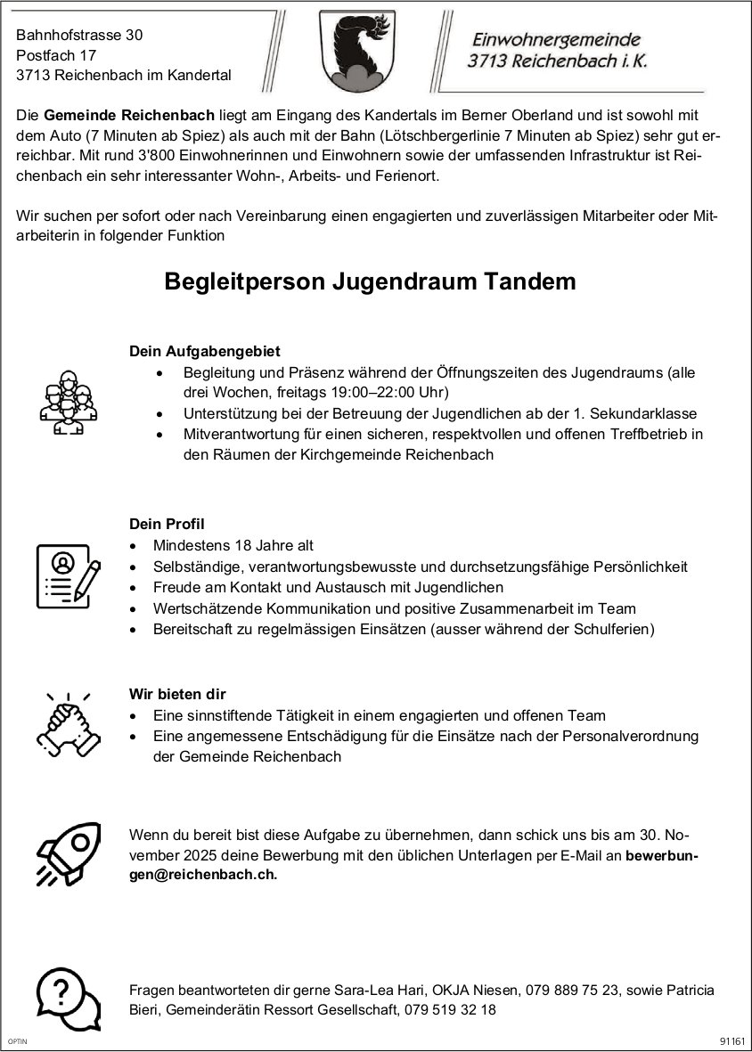 Begleitperson Jugendraum Tandem, Gemeinde, Reichenbach im Kandertal, gesucht