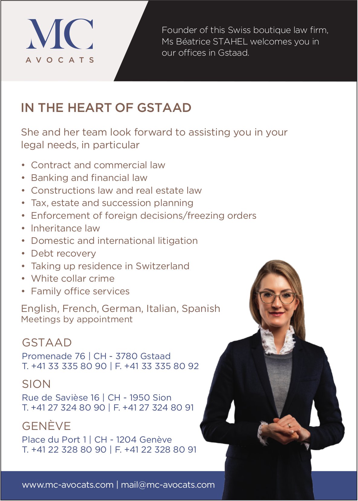 MC Avocats, Gstaad, Sion,  Genève - In the heart of Gstaad