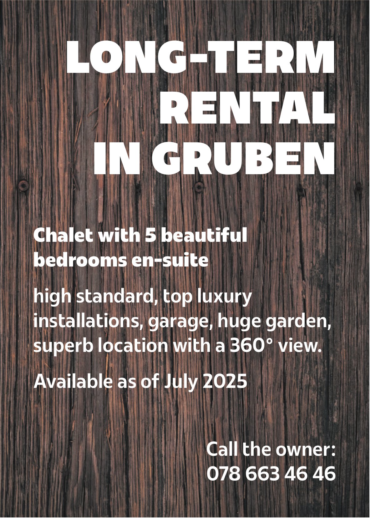 Chalet with 5 beautiful bedrooms en-suite, Gruben, for rent
