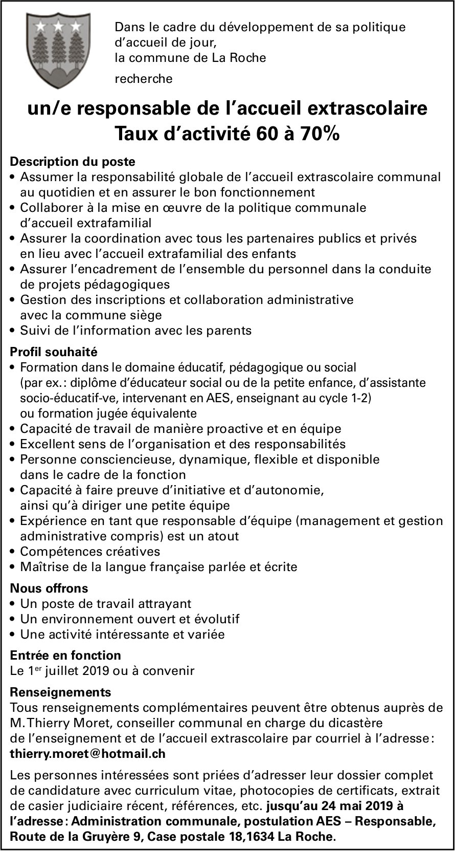 Un/e Responsable De L’accueil Extrascolaire Taux D’activité 60 à 70% ...