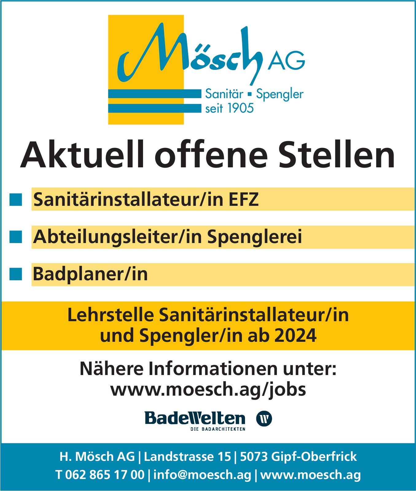 Sanitärinstallateur/in EFZ, Abteilungsleiter/in Spenglerei und Badplaner/in, H. Mösch AG, Gipf-Oberfrick,  gesucht