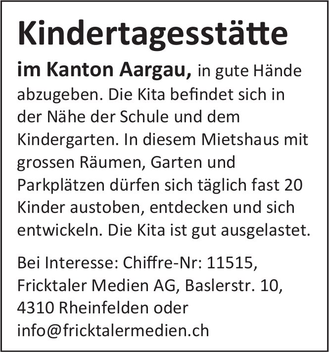 Kindertagesstätte, Kanton Aargau, abzugeben