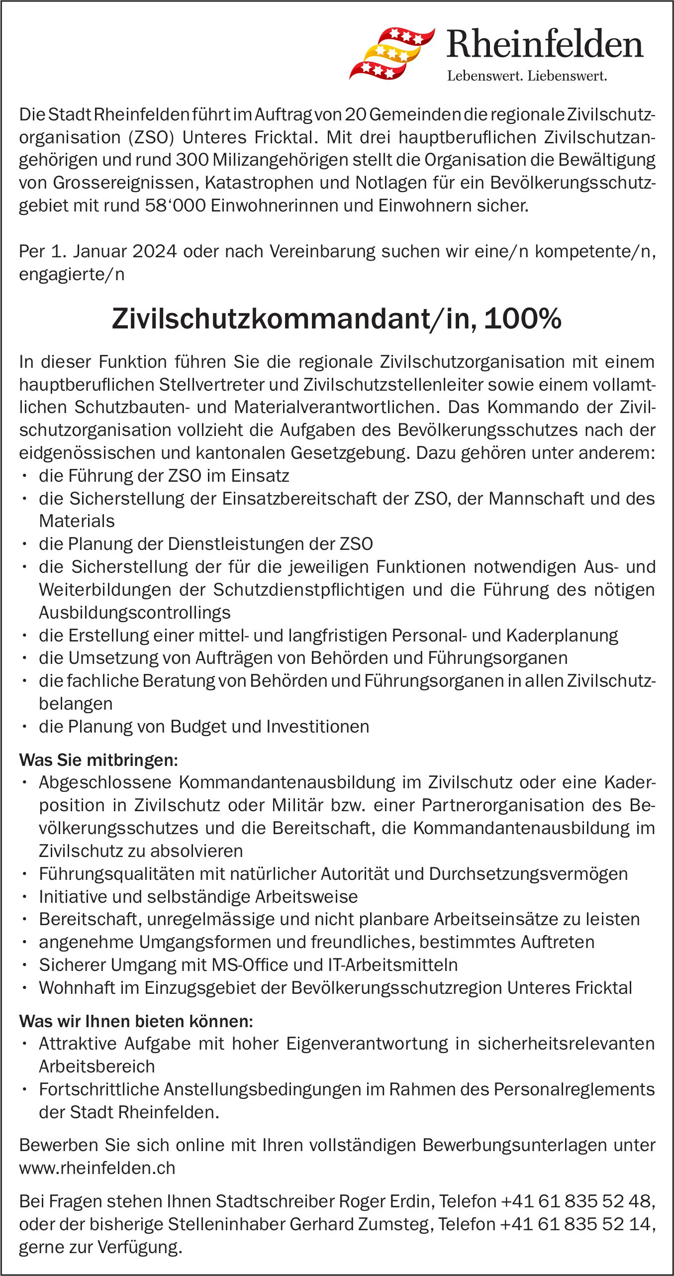 Zivilschutzkommandant/in, 100%, Gemeinde, Rheinfelden,  gesucht