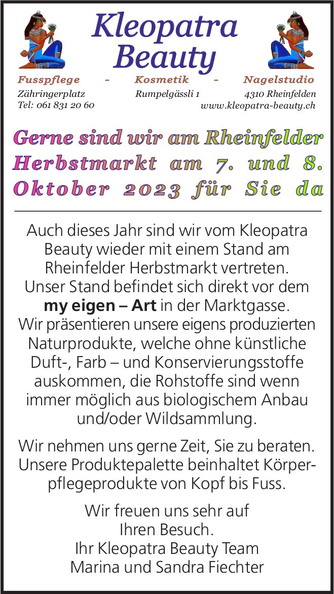 Wir sind am Herbstmarkt für Sie da, 7. und 8. Oktober, Kleopatra Beauty, Rheinfelden