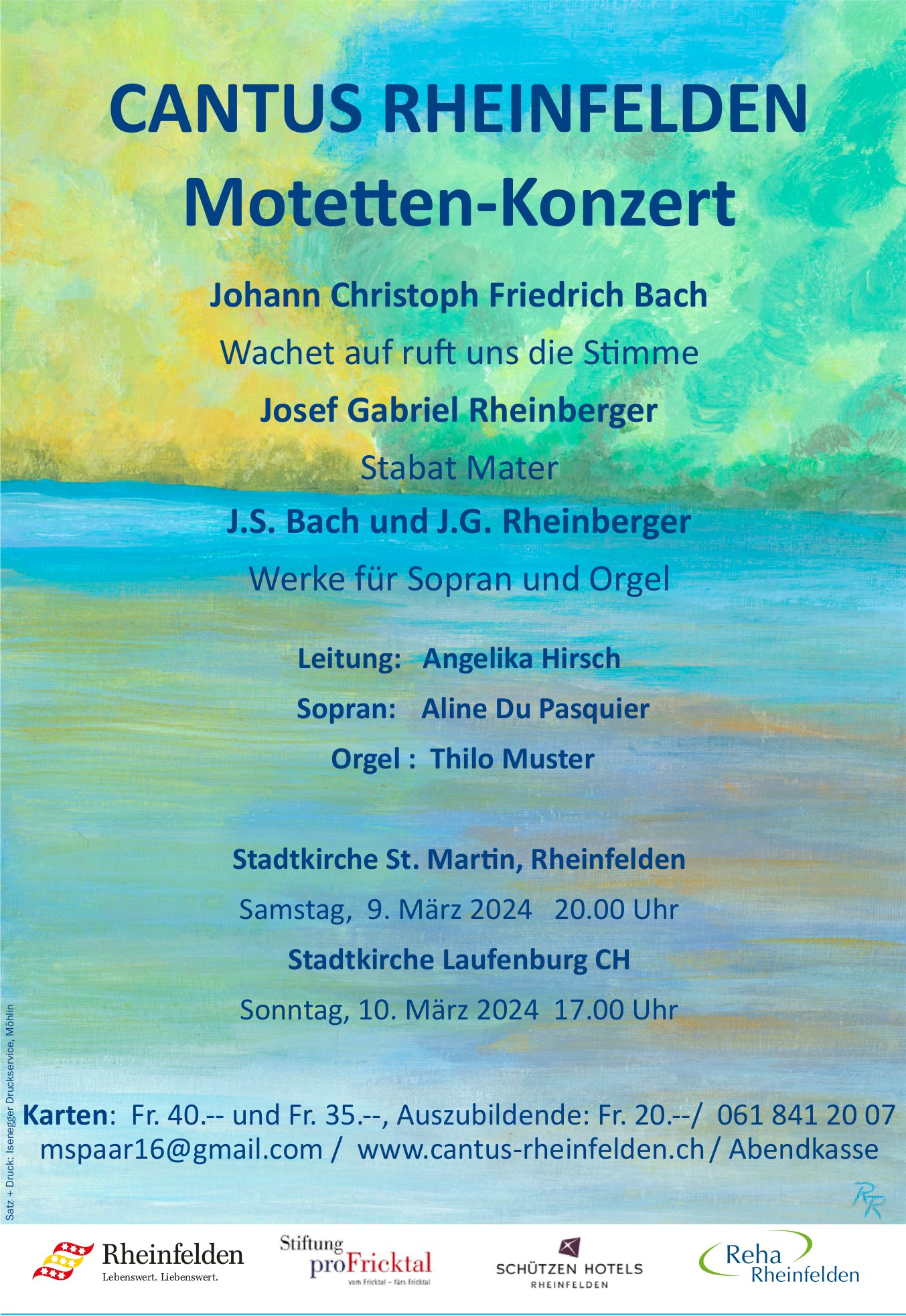 Cantus Rheinfelden, Motetten-Konzert, 9. und 10. März, Stadtkirche St. Martin und Stadtkirche, Rheinfelden und Laufenburg