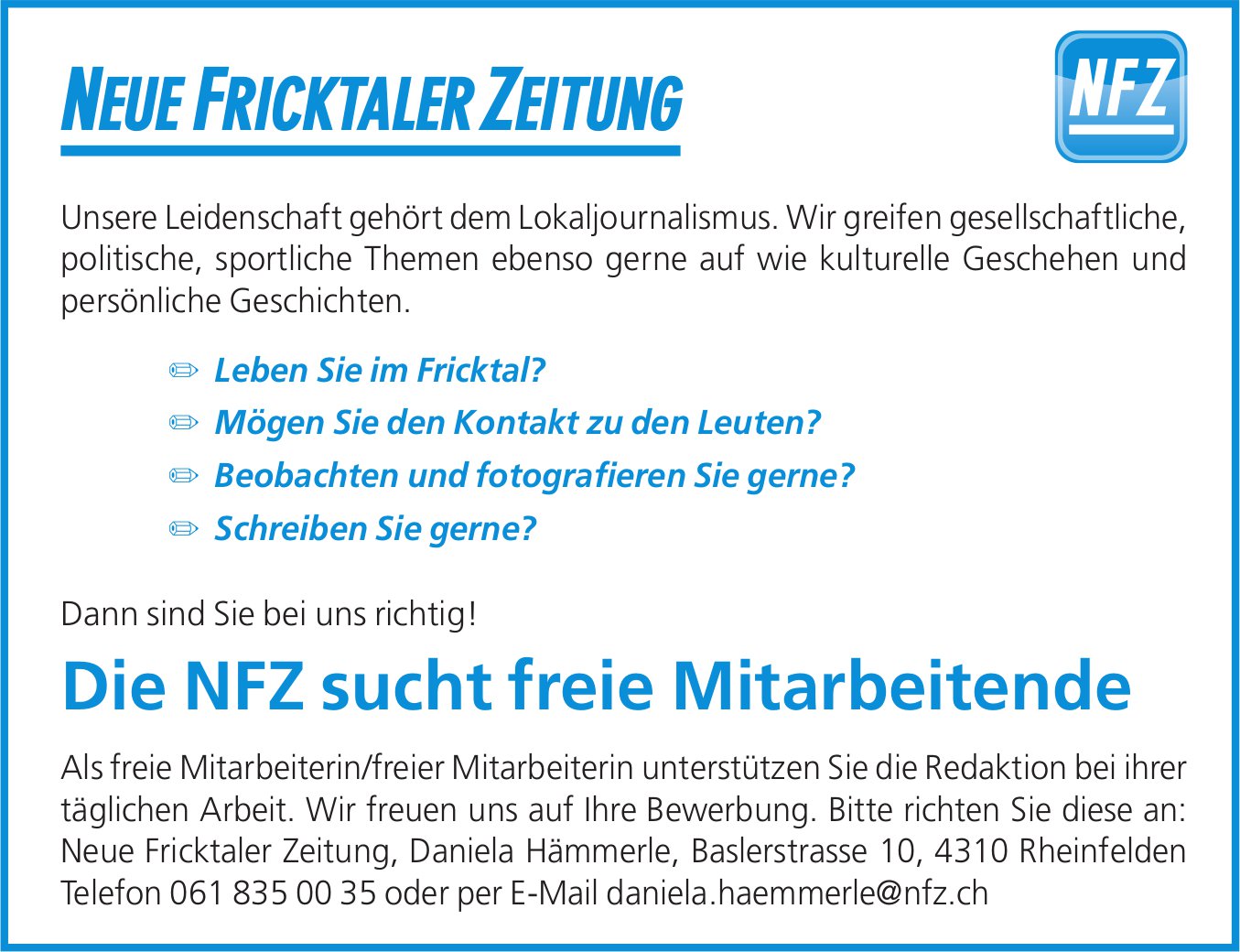 Freie Mitarbeitende, Neue Fricktaler Zeitung, Rheinfelden, gesucht