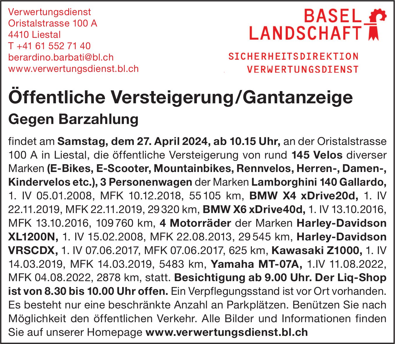 Öffentliche Versteigerung/Gantanzeige, 27. April, Verwertungsdienst, Liestal