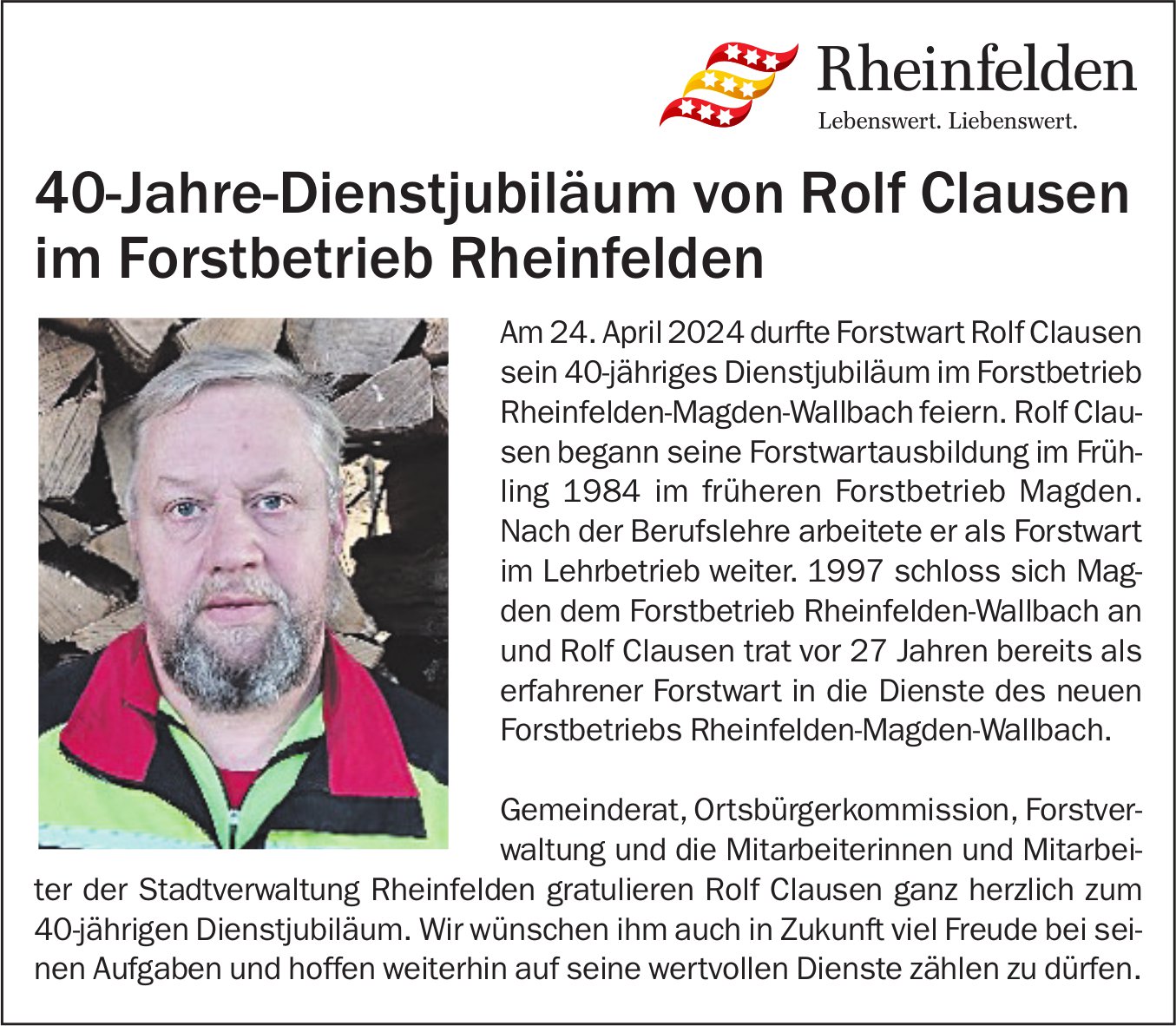 Gemeinde, Rheinfelden - 40-Jahre-Dienstjubiläum von Rolf Clausen